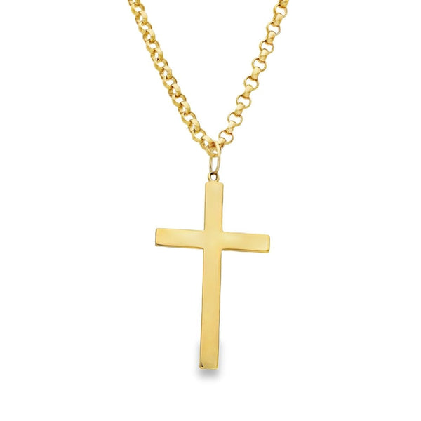 9ct Yellow Gold Feather Engraved Cross Pendant & Belcher Chain