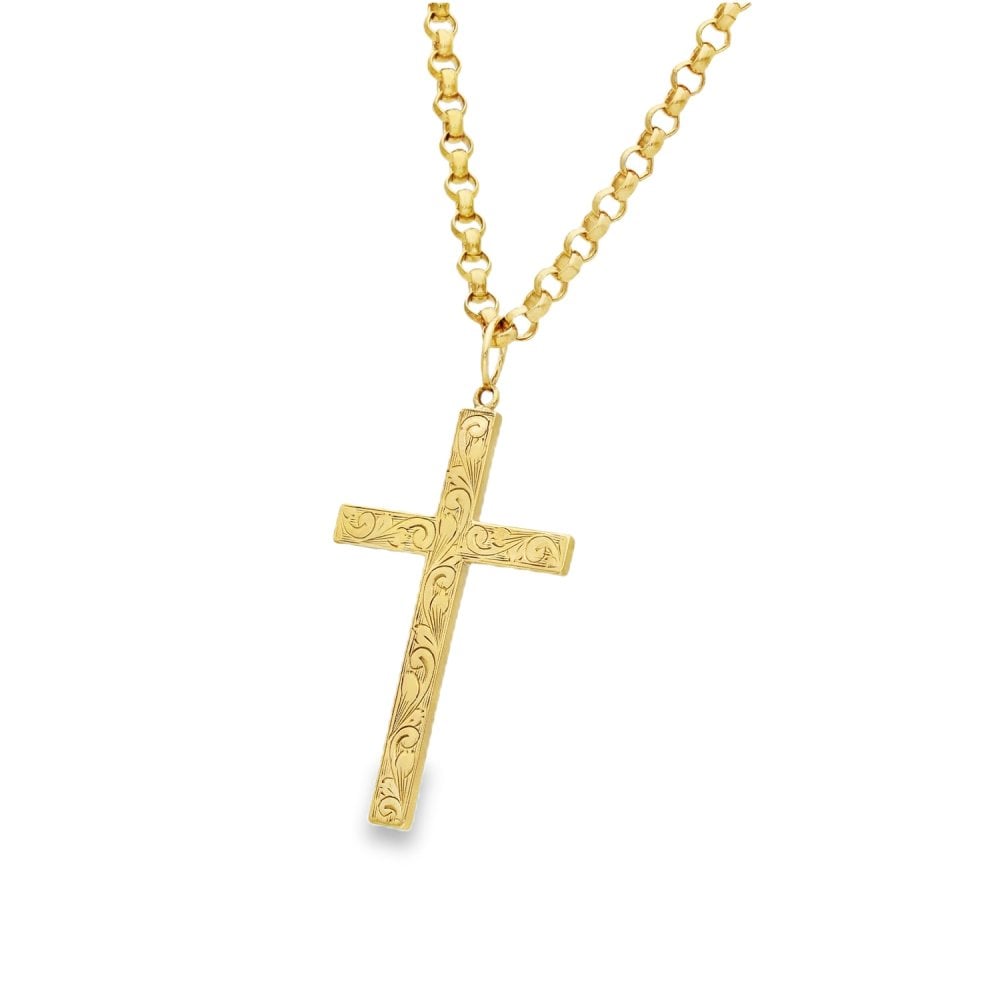 9ct Yellow Gold Feather Engraved Cross Pendant & Belcher Chain