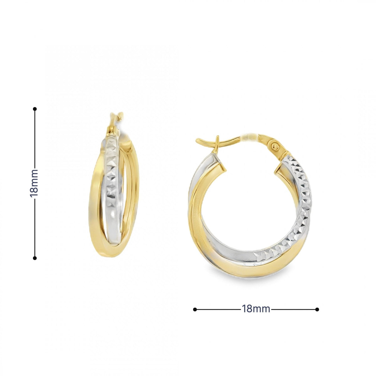 9ct Yellow & White Gold Double Hoop Earrings - 18x18mm - 2.3g