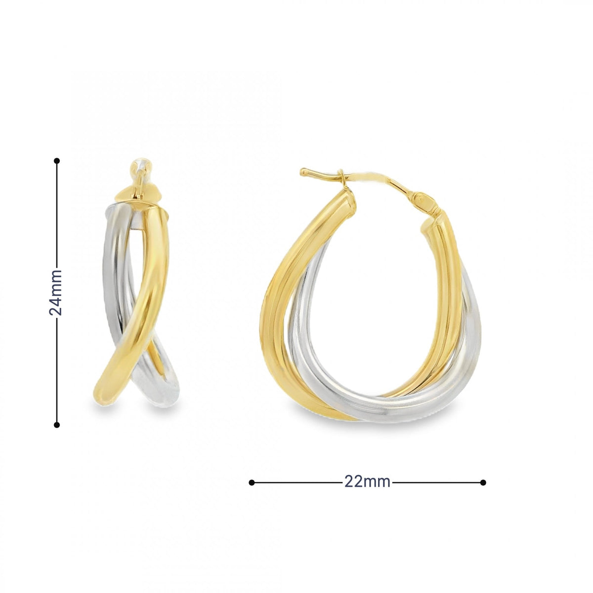 9ct Yellow & White Gold Twist Hoop Earrings - 22x24x8mm - 2.2g