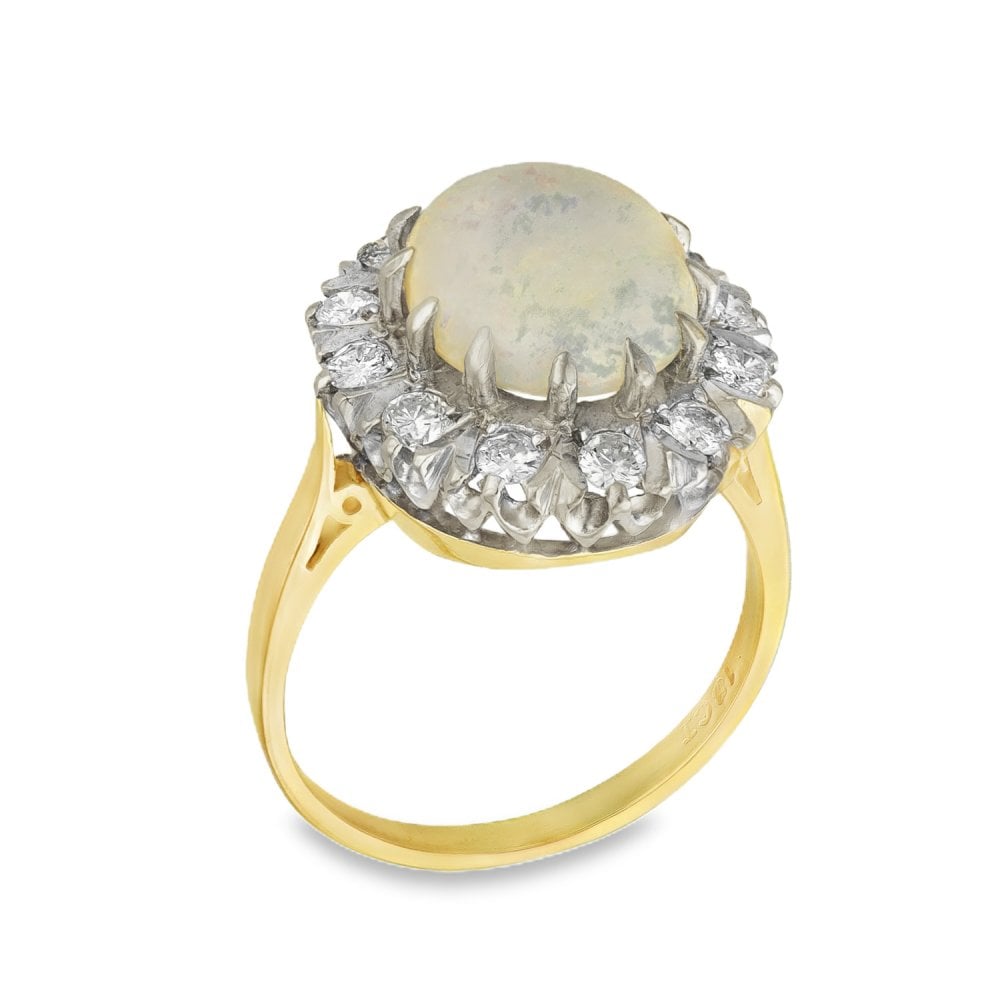 18ct Yellow Gold Opal & Diamond Cluster Ring - Size P - 0.60ct