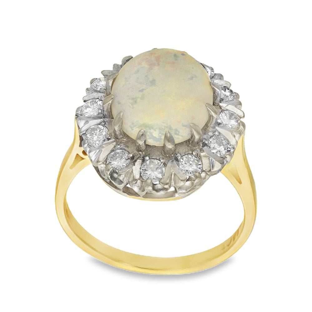 18ct Yellow Gold Opal & Diamond Cluster Ring - Size P - 0.60ct