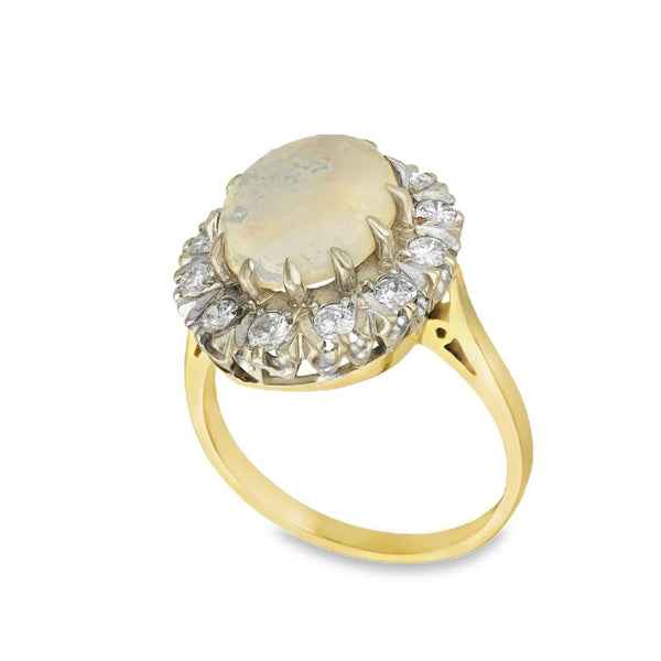 18ct Yellow Gold Opal & Diamond Cluster Ring - Size P - 0.60ct