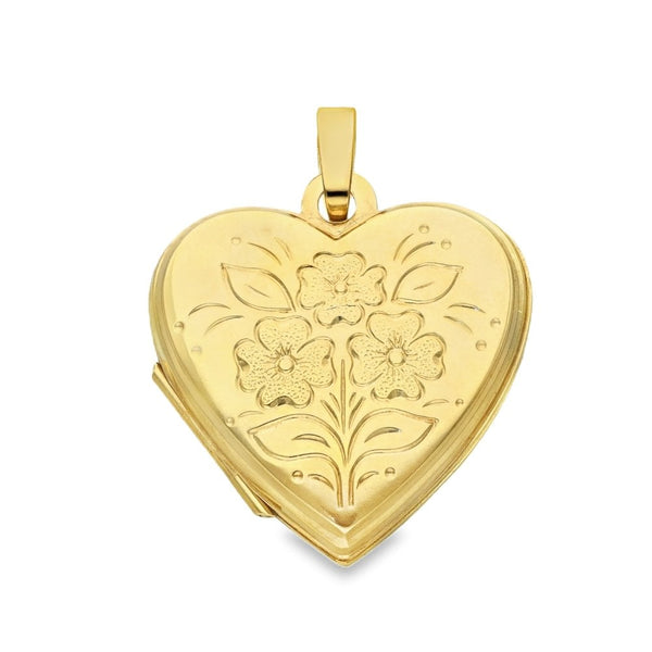 9ct Yellow Gold Flower & Leaf Engraved Heart-Shaped Locket -1.8g