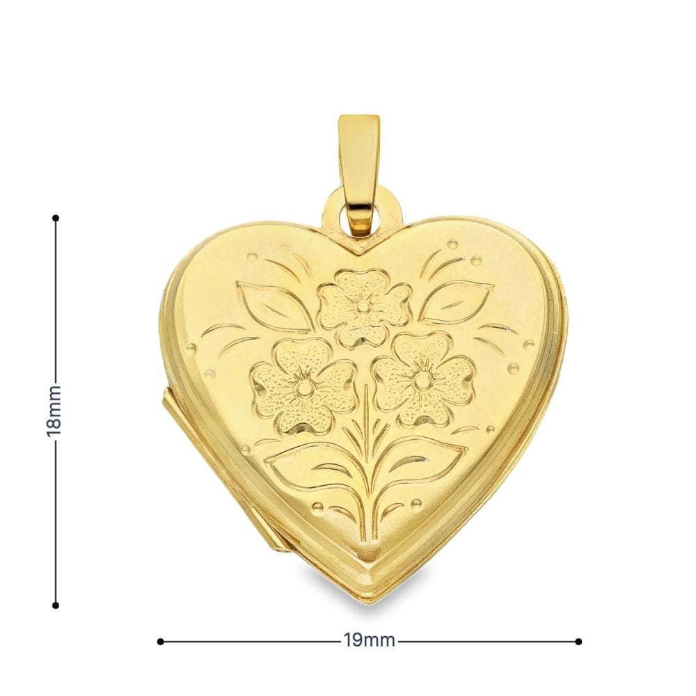 9ct Yellow Gold Flower & Leaf Engraved Heart-Shaped Locket -1.8g