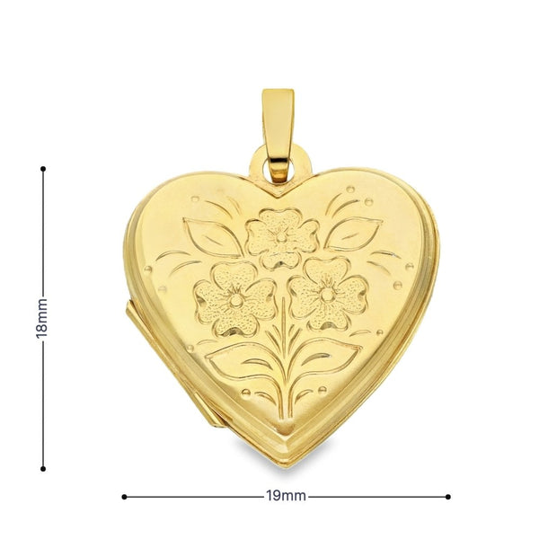 9ct Yellow Gold Flower & Leaf Engraved Heart-Shaped Locket -1.8g