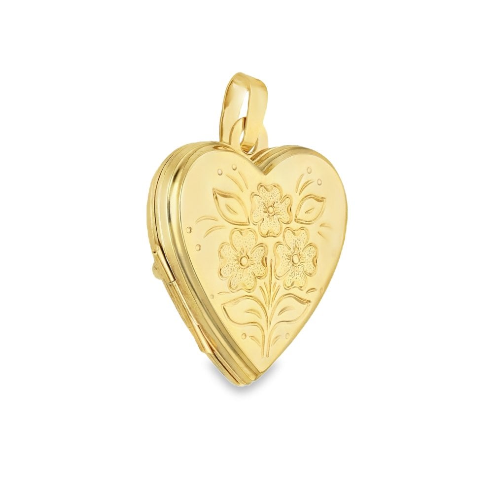 9ct Yellow Gold Flower & Leaf Engraved Heart-Shaped Locket -1.8g