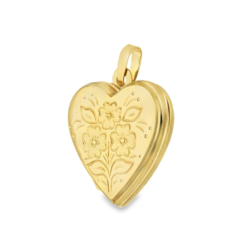 9ct Yellow Gold Flower & Leaf Engraved Heart-Shaped Locket -1.8g