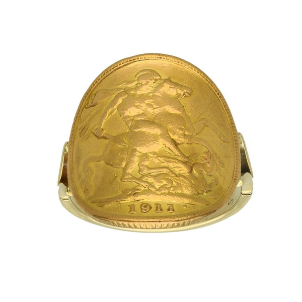 1911 Yellow Gold Bent-Over Full Sovereign Coin Ring - Size Q½