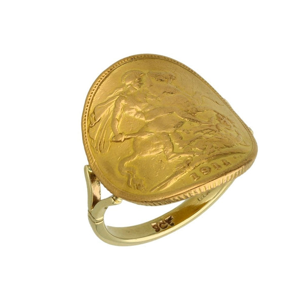 1911 Yellow Gold Bent-Over Full Sovereign Coin Ring - Size Q½