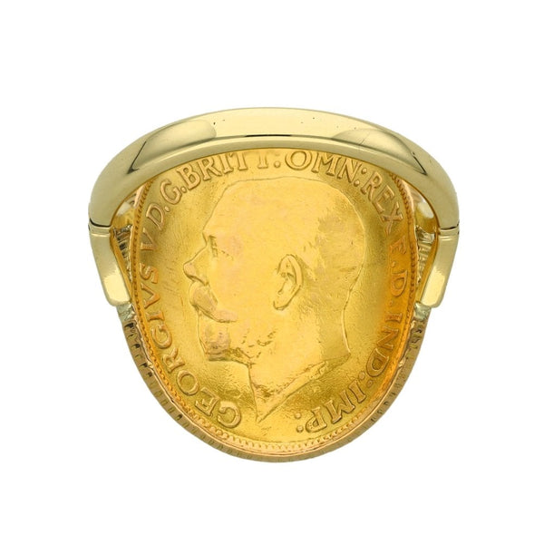 1911 Yellow Gold Bent-Over Full Sovereign Coin Ring - Size Q½
