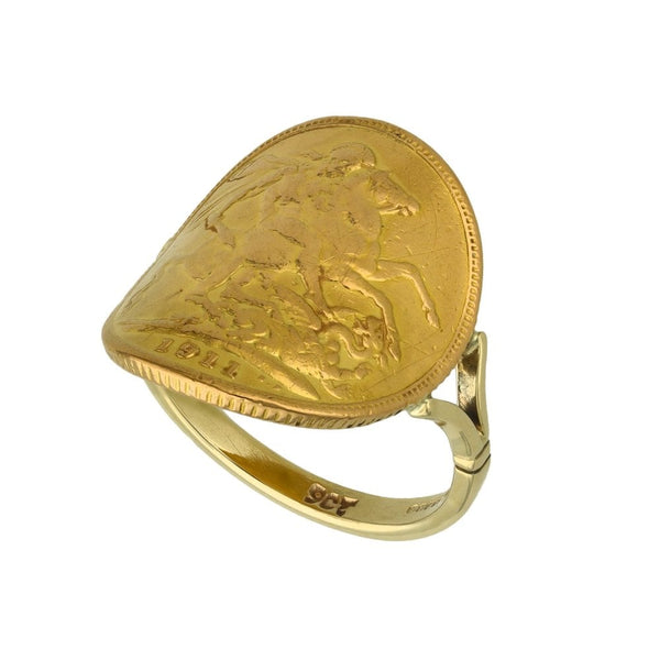 1911 Yellow Gold Bent-Over Full Sovereign Coin Ring - Size Q½
