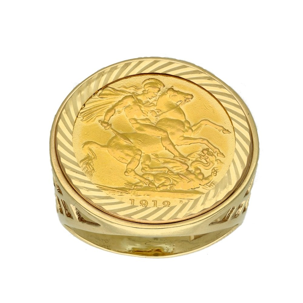 1912 Yellow Gold Full Sovereign Coin Ring - Size T½ - 11.9g