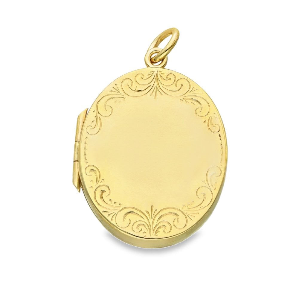 9ct Yellow Gold Feather Wreath-Engraved Oval Locket - 20x24x5mm