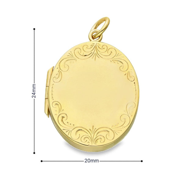 9ct Yellow Gold Feather Wreath-Engraved Oval Locket - 20x24x5mm