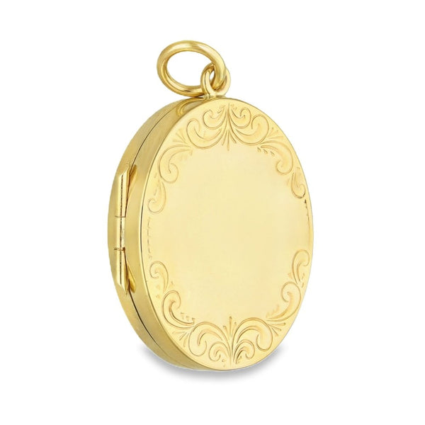 9ct Yellow Gold Feather Wreath-Engraved Oval Locket - 20x24x5mm