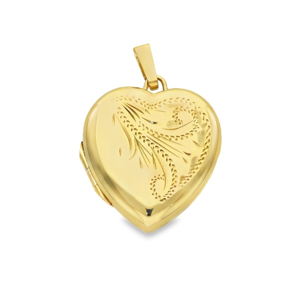 9ct Yellow Gold Feather Engraved Heart-Shaped Locket - 19x21x6mm