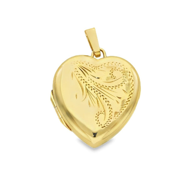 9ct Yellow Gold Feather Engraved Heart-Shaped Locket - 19x21x6mm
