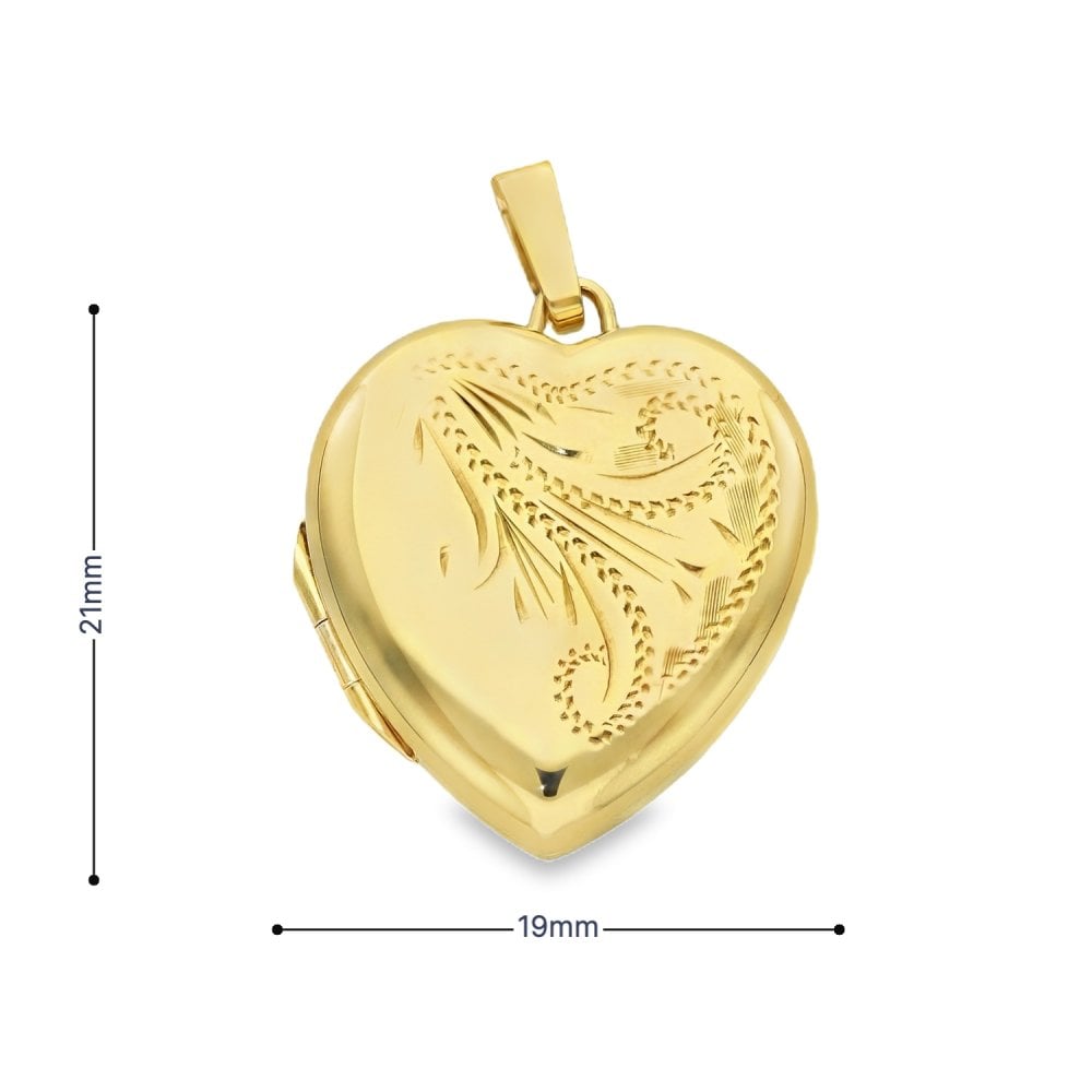 9ct Yellow Gold Feather Engraved Heart-Shaped Locket - 19x21x6mm
