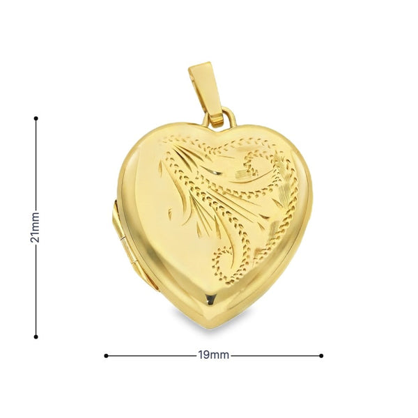 9ct Yellow Gold Feather Engraved Heart-Shaped Locket - 19x21x6mm