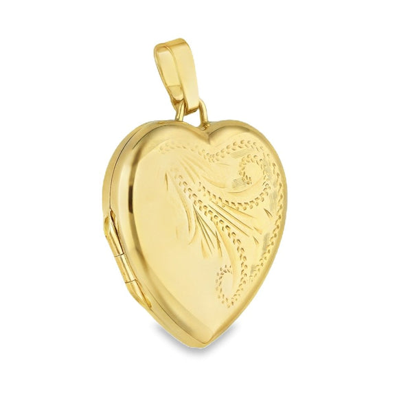9ct Yellow Gold Feather Engraved Heart-Shaped Locket - 19x21x6mm