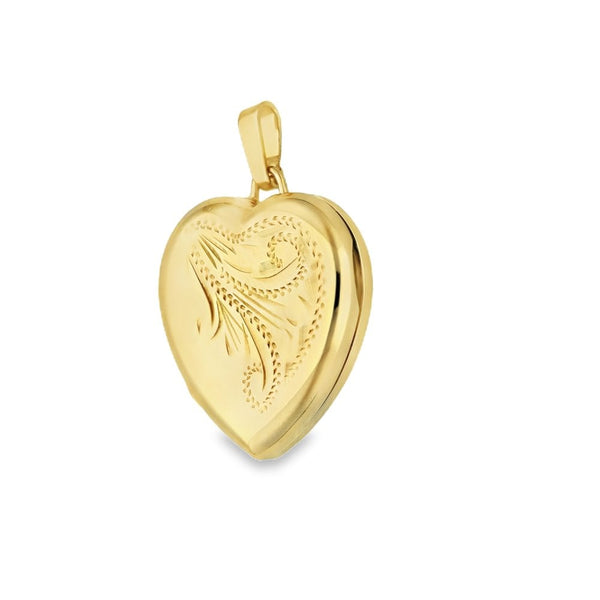 9ct Yellow Gold Feather Engraved Heart-Shaped Locket - 19x21x6mm