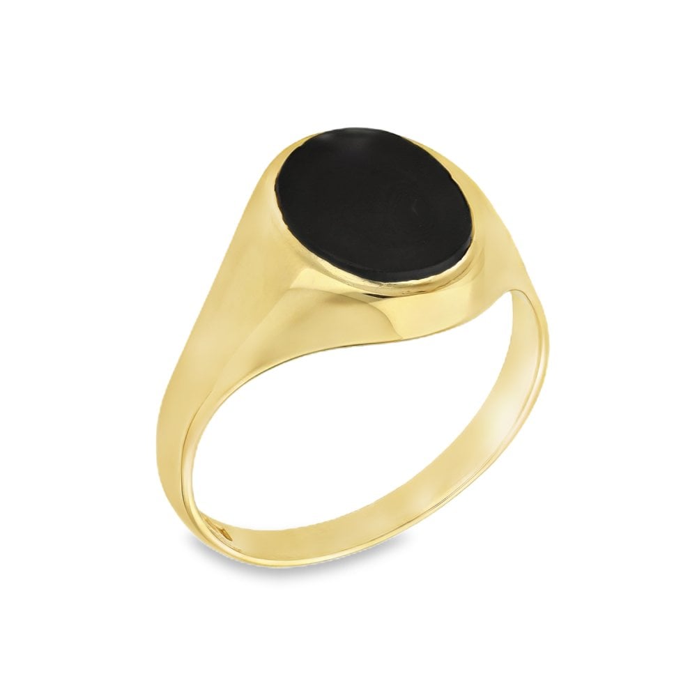 9ct Yellow Gold Oval Onyx Signet Ring - Size V - 15mm