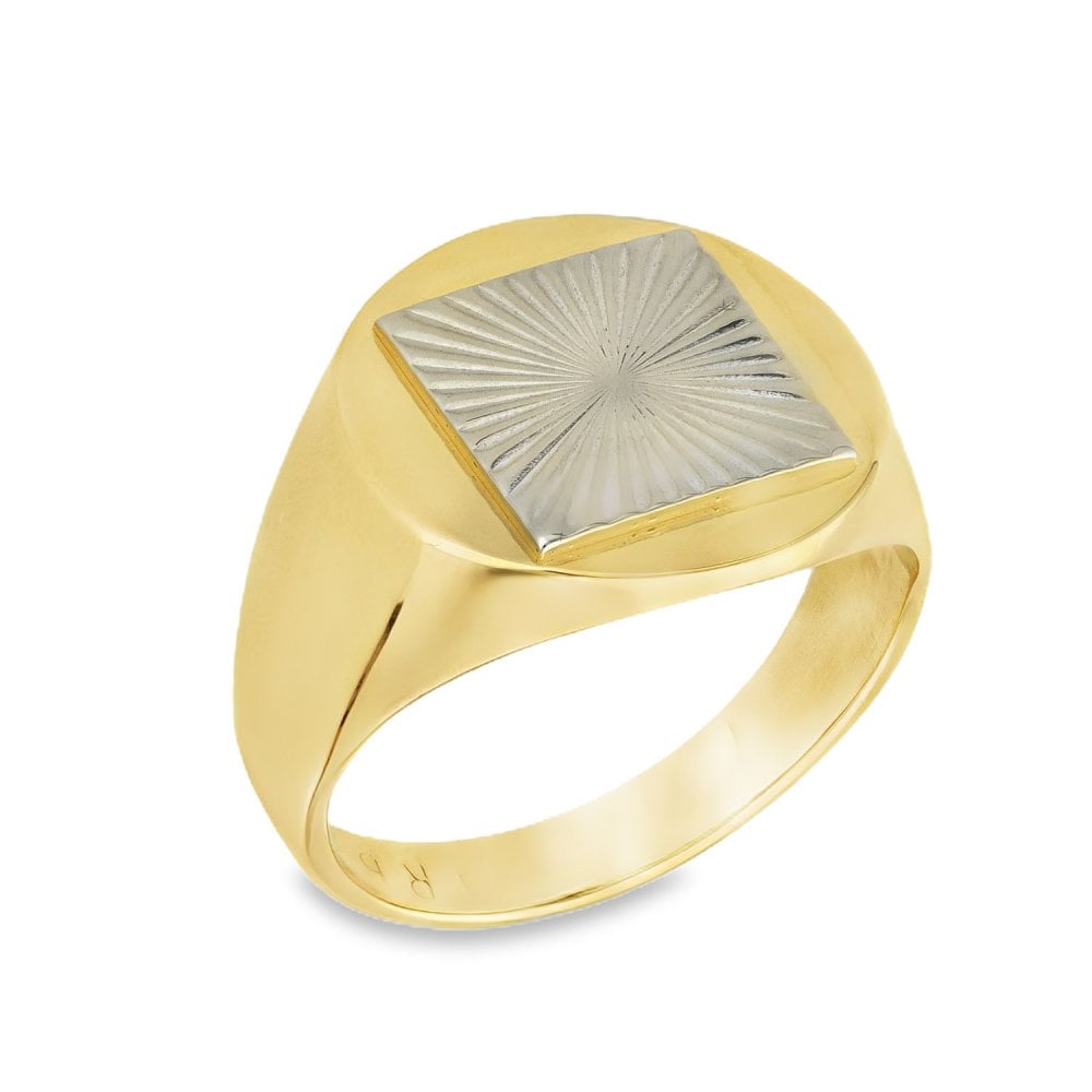 9ct Yellow & White Gold Sunburst Signet Ring - Size P - 15mm
