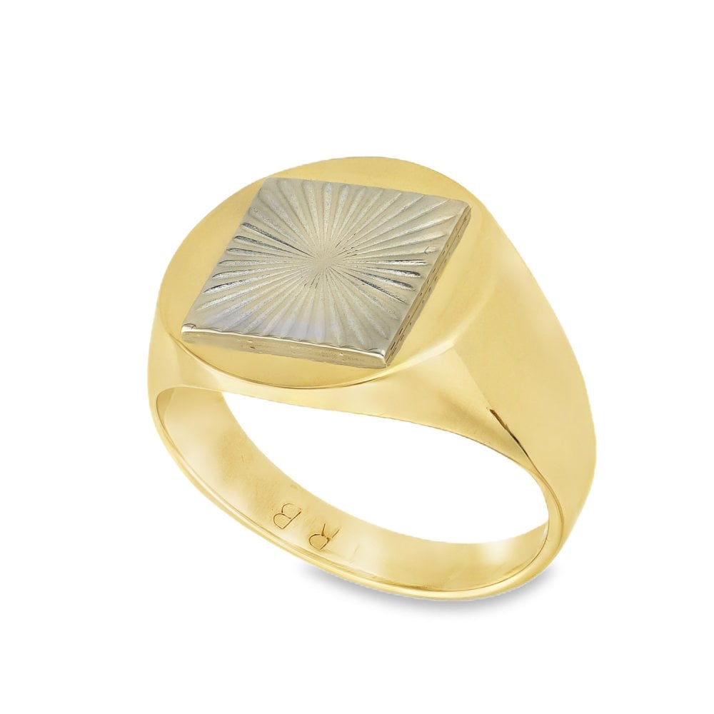 9ct Yellow & White Gold Sunburst Signet Ring - Size P - 15mm