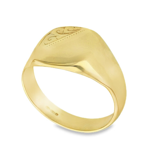 9ct Yellow Gold Cushion Half-Engraved Signet Ring - Size Q -14mm