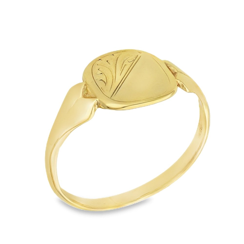 9ct Yellow Gold Half-Engraved Cushion Signet Ring - Size L - 9mm