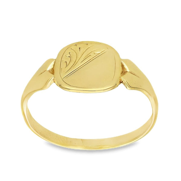 9ct Yellow Gold Half-Engraved Cushion Signet Ring - Size L - 9mm