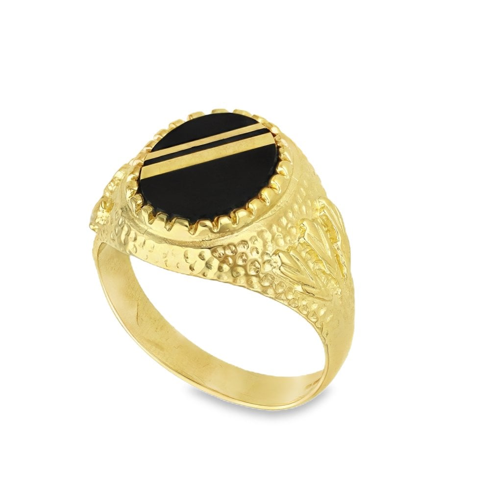 9ct Yellow Gold Oval Onyx Dress Ring - Size Q½ - 16mm