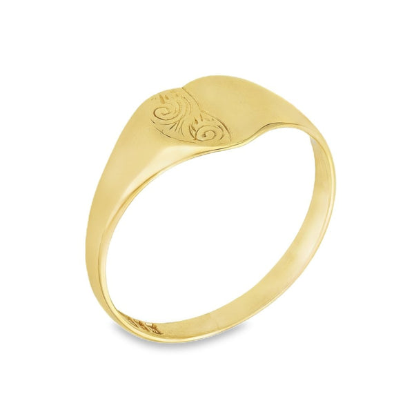 9ct Yellow Gold Half-Engraved Heart Signet Ring - Size O - 8mm