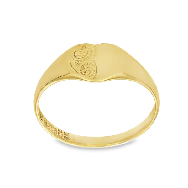 9ct Yellow Gold Half-Engraved Heart Signet Ring - Size O - 8mm