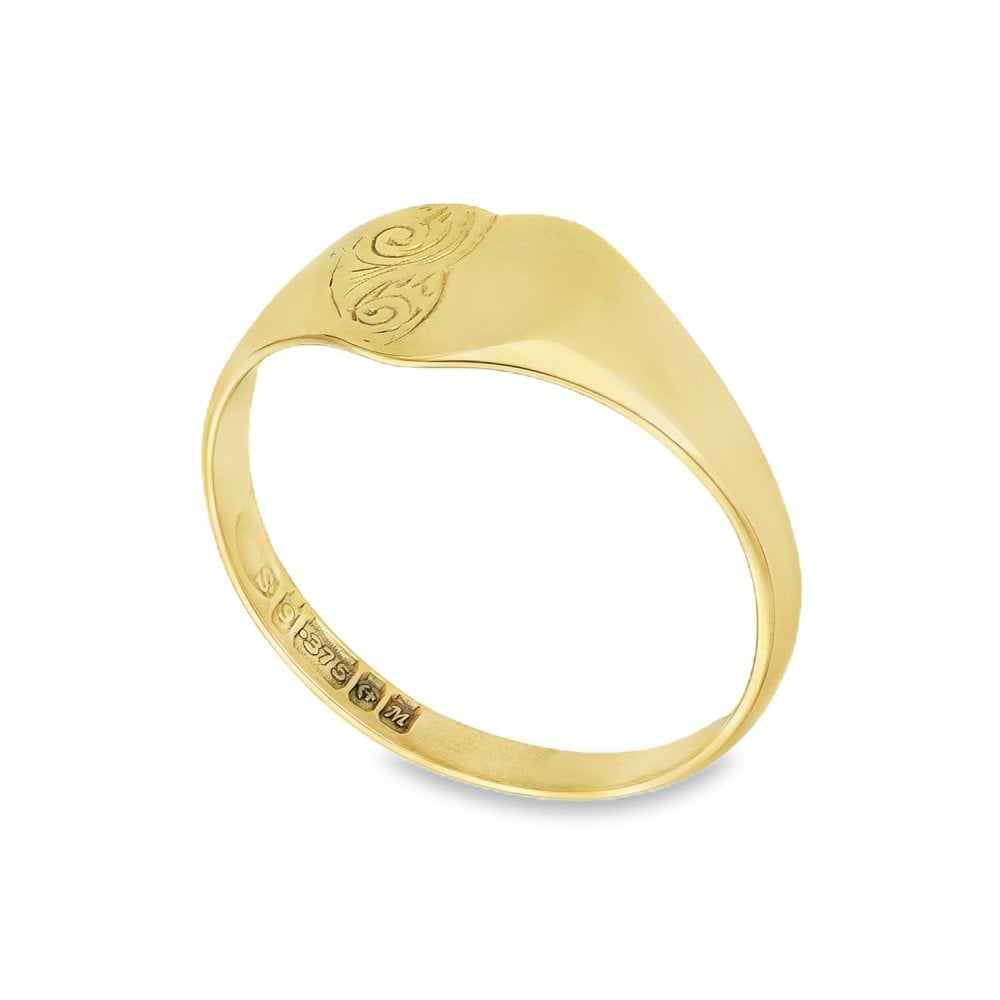9ct Yellow Gold Half-Engraved Heart Signet Ring - Size O - 8mm