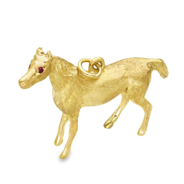 9ct Yellow Gold Ruby Horse Pendant - 34x26x7mm - 11.0g