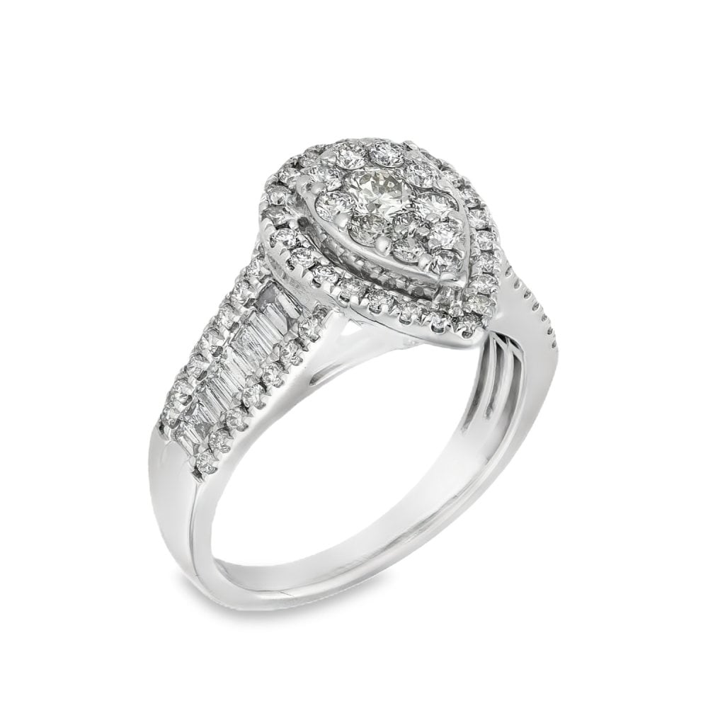 9ct White Gold Pear-Shape Diamond Cluster Ring - Size K½ -0.85ct