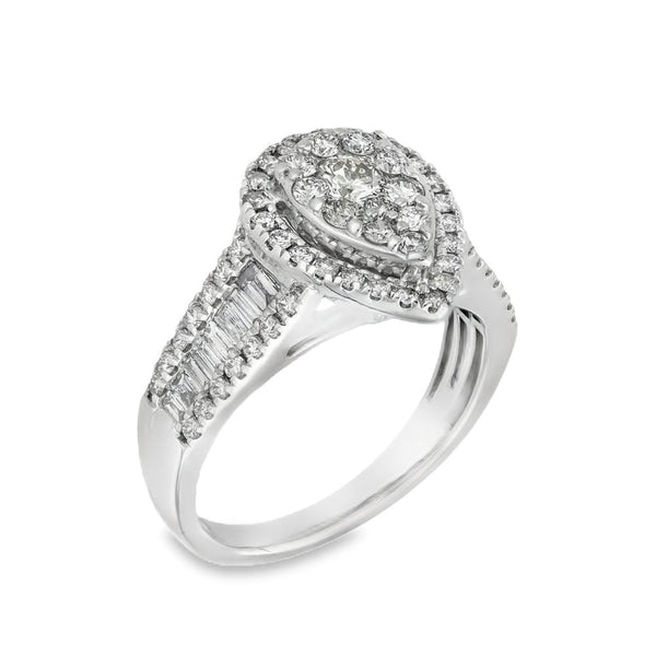 9ct White Gold Pear-Shape Diamond Cluster Ring - Size K½ -0.85ct
