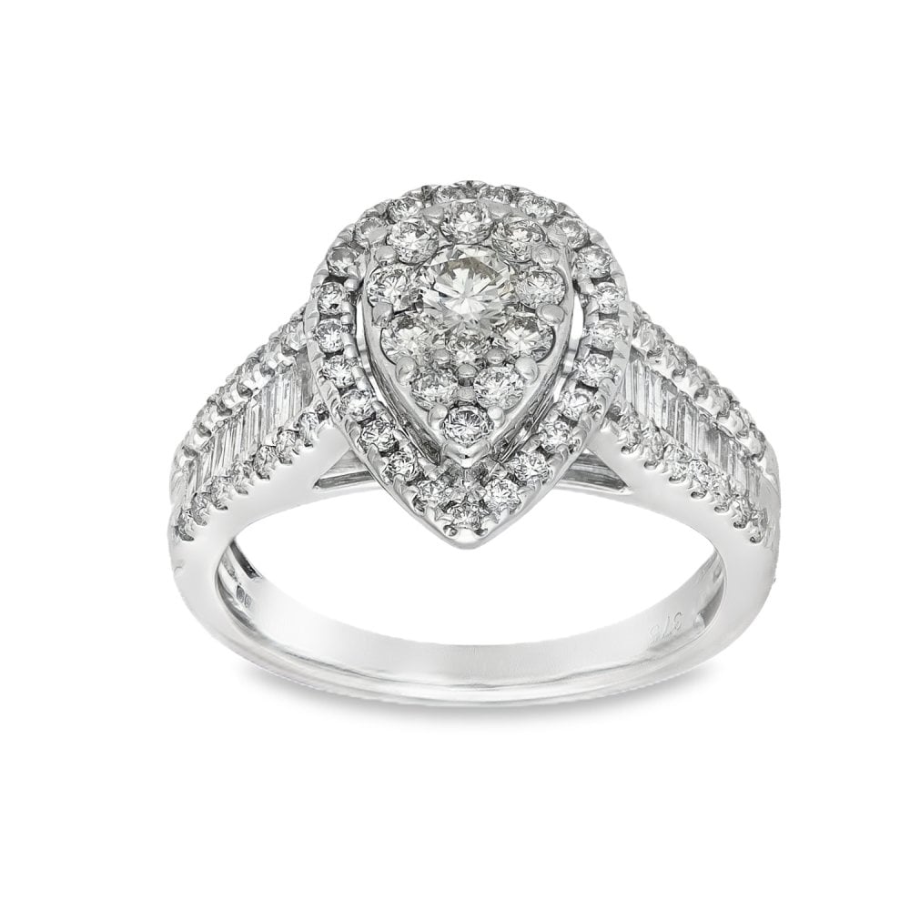 9ct White Gold Pear-Shape Diamond Cluster Ring - Size K½ -0.85ct