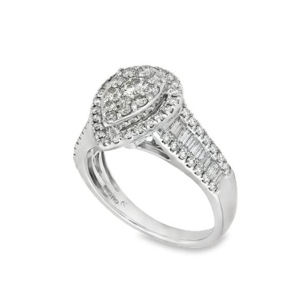 9ct White Gold Pear-Shape Diamond Cluster Ring - Size K½ -0.85ct