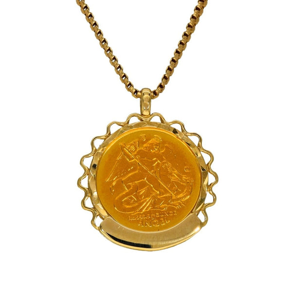 9ct Yellow Gold Angel Coin Pendant & Chain - 16" - 4.9g