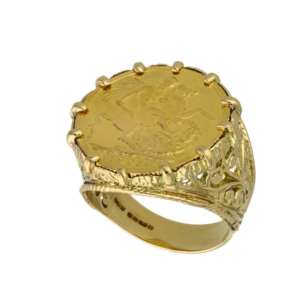 1903 Yellow Gold Full Sovereign Coin Ring - Size V - 16.6g