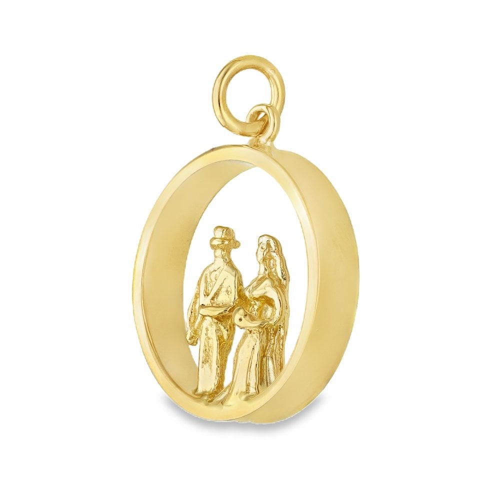 9ct Yellow Gold Round Bride & Groom Pendant - 17x17x3mm - 2.9g
