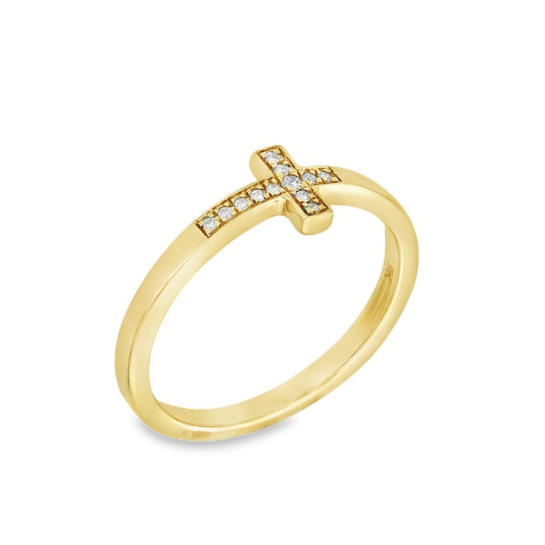 9ct Yellow Gold Diamond Cross Ring - Size O - 0.06ct