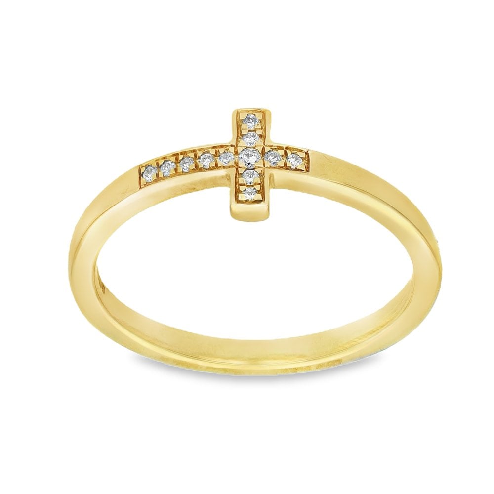 9ct Yellow Gold Diamond Cross Ring - Size O - 0.06ct