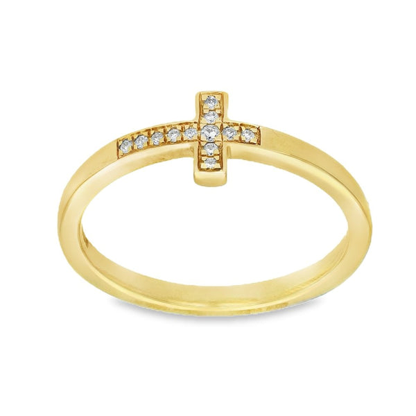 9ct Yellow Gold Diamond Cross Ring - Size O - 0.06ct