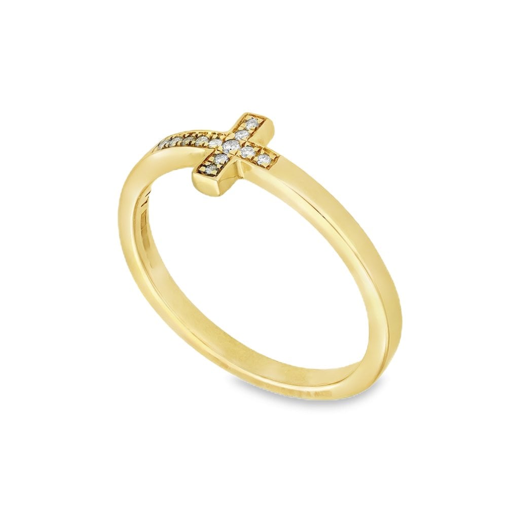 9ct Yellow Gold Diamond Cross Ring - Size O - 0.06ct