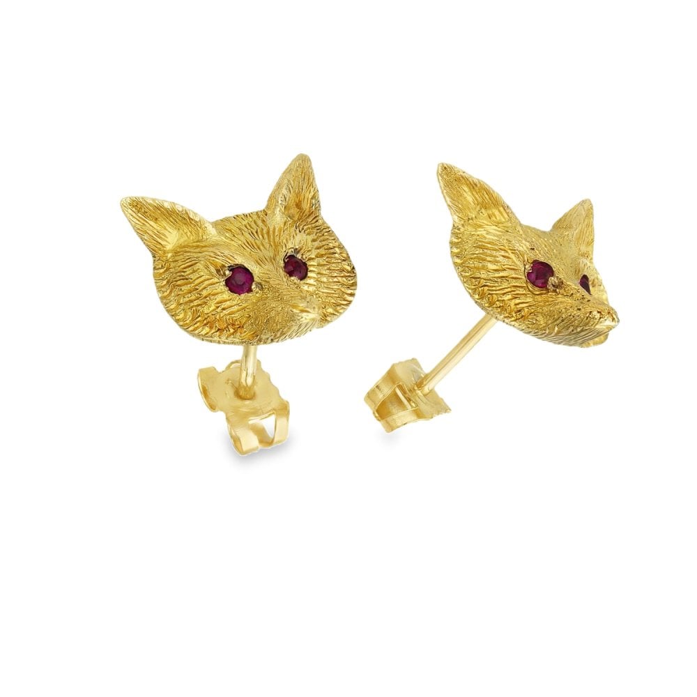 9ct Yellow Gold Ruby Fox Stud Earrings - 11x14x5mm - 5.2g