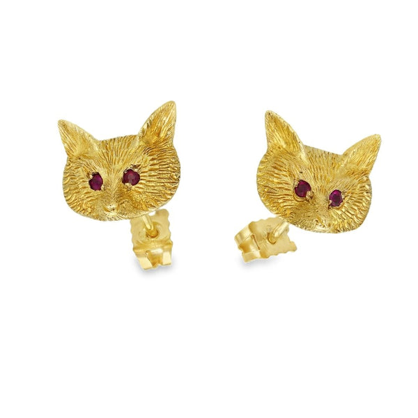 9ct Yellow Gold Ruby Fox Stud Earrings - 11x14x5mm - 5.2g